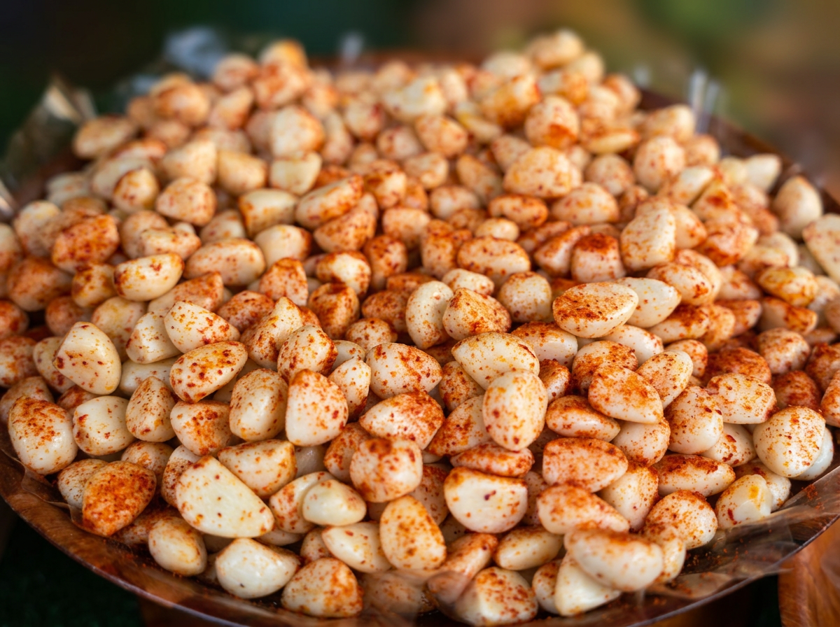 Ail confit au piment doux présenté dans un grand plat en bois