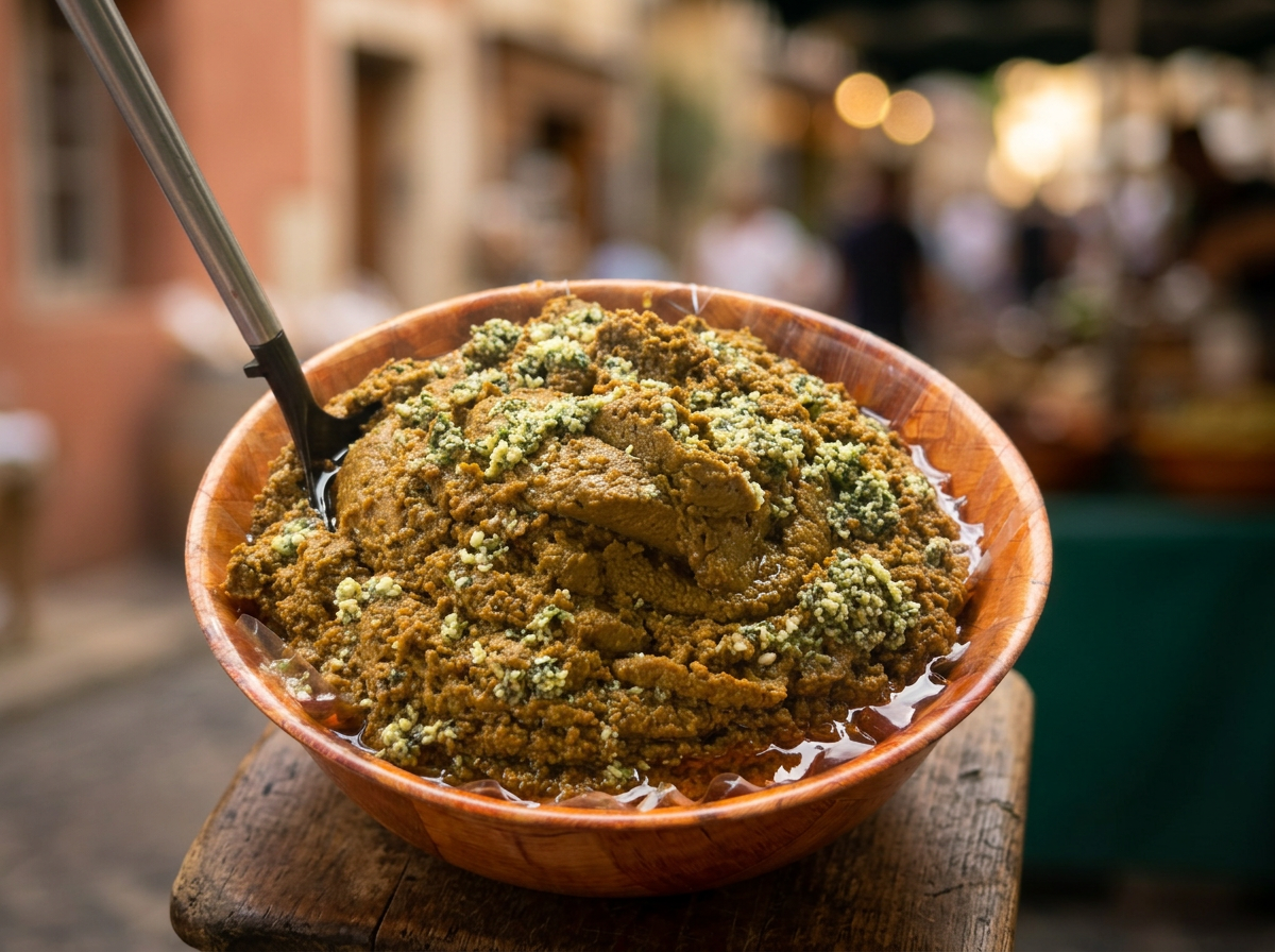 Tapenade provençale dans un grand plat en bois sur le marché