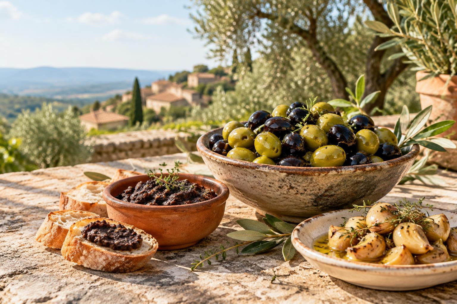 Table provençale ensoleillée avec olives, tapenade et ail confit